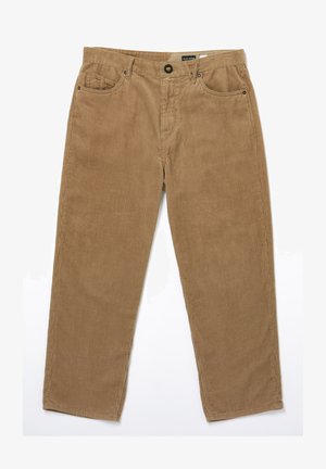 Cord-Hosen in einem hellbraunen Farbton, mit vertikaler Rippstruktur, Fünf-Taschen-Design und einem Knopfverschluss am Bund.