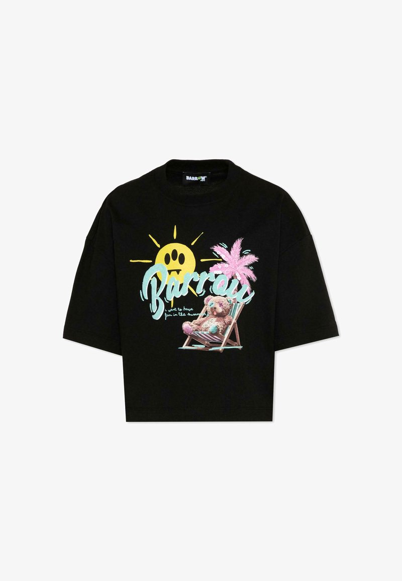 T-shirt noir avec un graphique d'un soleil jaune triste, un palmier rose, un ours en peluche sur une chaise longue, et le mot "Barrow" en grandes lettres cursives bleu clair.