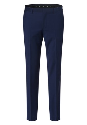 Námornícky modré strihové nohavice z hladkého materiálu, s úzkym strihom, plochým predným dielom a dvoma bočnými vreckami, s jemným leskom.