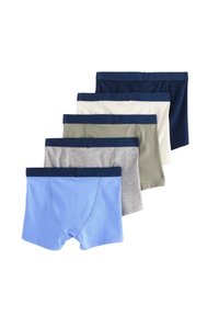Sæt af seks herreboxershorts i blå, marineblå, lys grå, olivengrøn, creme og mørk grå med elastiske taljer i marineblå, lavet af en bomuldsblanding.