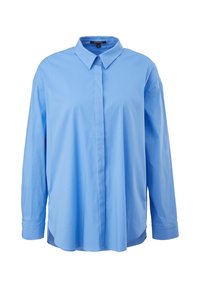 Lichtblauwe blouse met lange mouwen, knoopsluiting en een relaxte pasvorm. Gemaakt van een gladde stof met een subtiele glans.