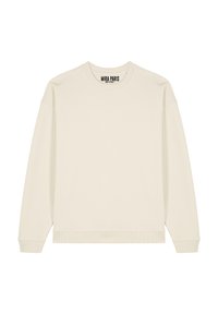 Felpa girocollo beige chiaro, realizzata in tessuto morbido con polsini e orlo a costine. Presenta un design semplice e una texture discreta. Etichetta del marchio visibile.