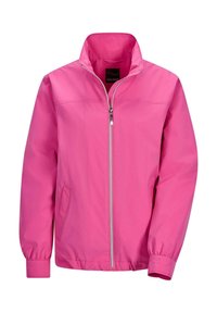 Veste zippée rose vif à manches longues, col montant, poches latérales et poignets élastiqués.