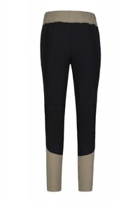 Black stretchy pants with a beige waistband and side panels. Features smooth fabric and a tapered design, suitable for active wear.