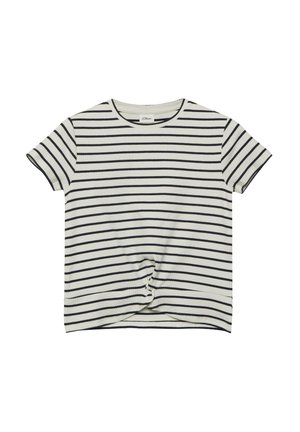 Wit T-shirt met korte mouwen en ribbelstructuur, zwart horizontale strepen en een gedraaide knoopdetail aan de voorzoom.