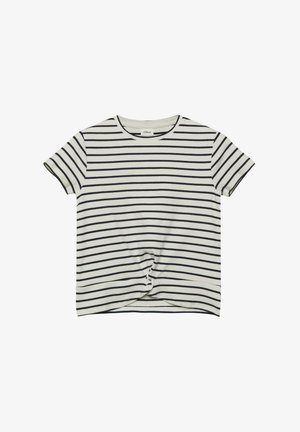 Weißes, kurzärmeliges T-Shirt mit Rippenstruktur, schwarzen horizontalen Streifen und einem gedrehten Knoten-Detail am vorderen Saum.