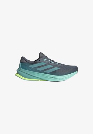 Running shoe with a dark grey mesh upper, light blue accents, and a distinctive green outsole. Features a streamlined design and flat laces.