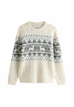 Knit sweater in cream with a textured cable pattern, featuring a grey and white geometric design and reindeer motif across the chest.