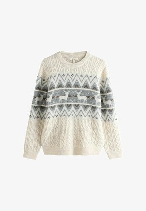 Kreemivärvi kampsun, millel on tekstureeritud nöörimuster, halli ja valge geomeetrilise disainiga ning põhjapõdra motiiv rinnale.