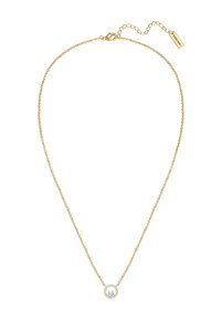 Collier en chaîne dorée avec un pendentif circulaire comportant une pierre centrale entourée de petites pierres. Fermoir mousqueton et chaîne réglable.