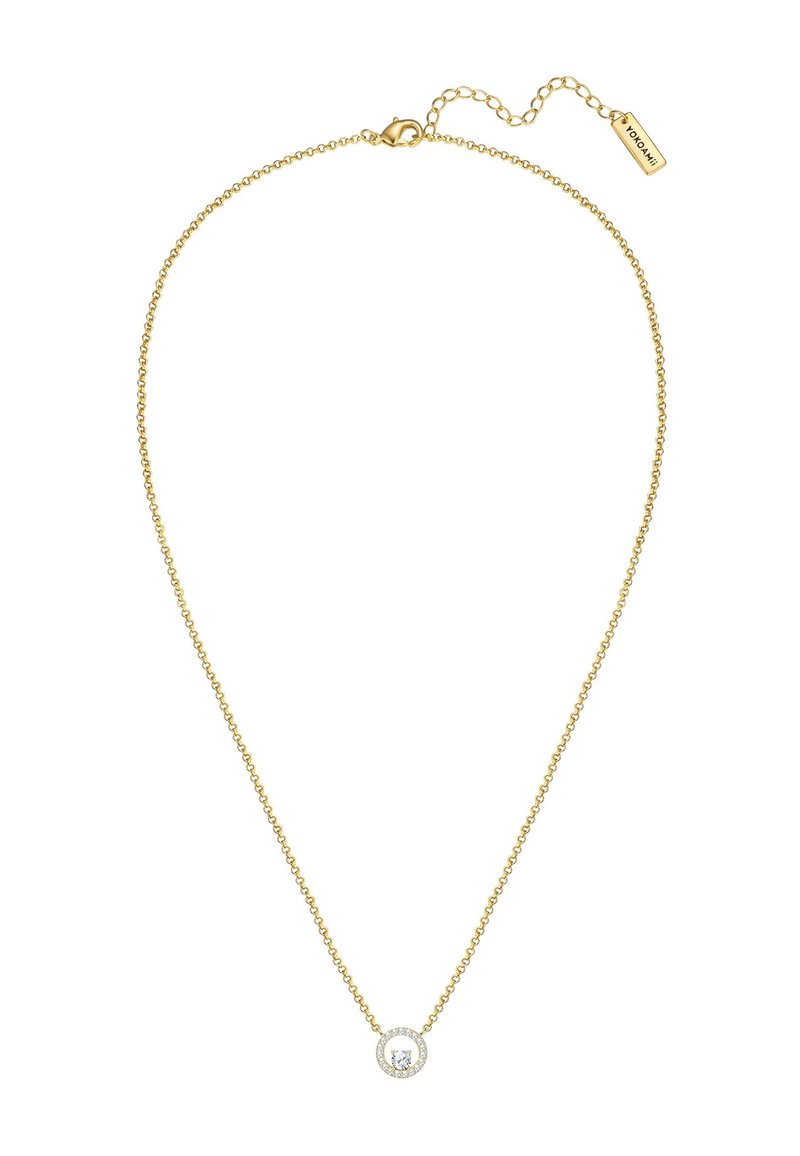 Collier en chaîne dorée avec un pendentif circulaire comportant une pierre centrale entourée de petites pierres. Fermoir mousqueton et chaîne réglable.