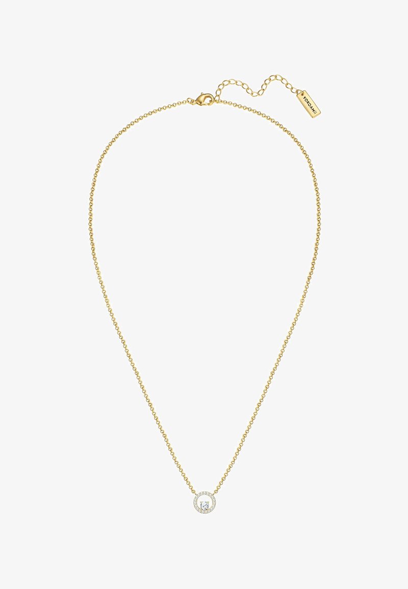 Collier en chaîne dorée avec un pendentif circulaire comportant une pierre centrale entourée de petites pierres. Fermoir mousqueton et chaîne réglable.