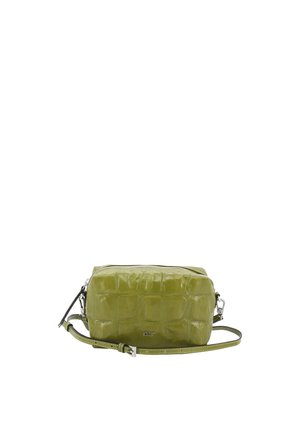 Green faux-crocodile leather handbag with a rectangular shape, silver hardware, a zip closure, and an adjustable strap.