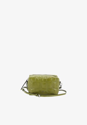 Grüne Handtasche aus Kunst-Krokodilleder in rechteckiger Form, mit silbernen Beschlägen, Reißverschluss und verstellbarem Riemen.