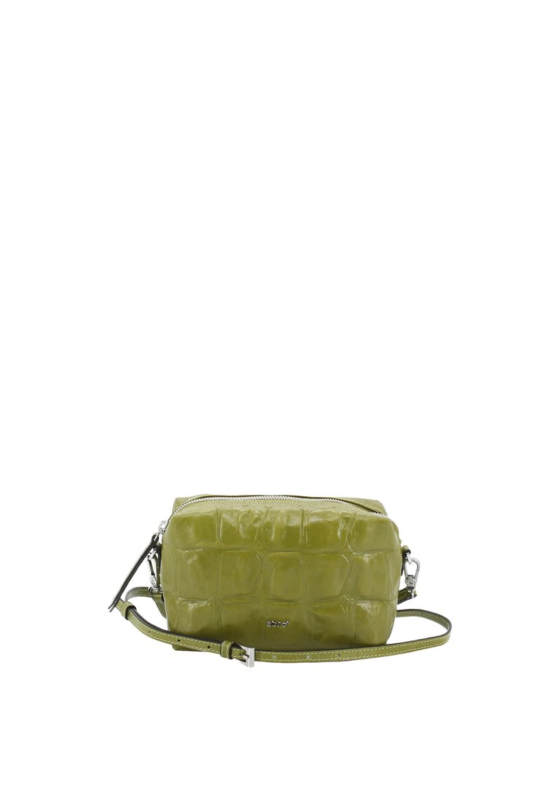 Green faux-crocodile leather handbag with a rectangular shape, silver hardware, a zip closure, and an adjustable strap.