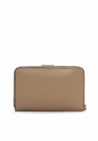Beige leather wallet with a smooth texture, rectangular shape, zip closure, and a small gold-tone hardware detail.