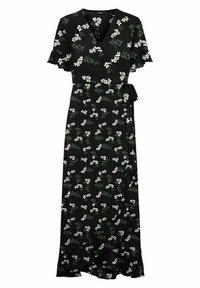 Robe longue avec un fond noir, ornée d'imprimés floraux blancs et de feuilles vertes. Modèle portefeuille, décolleté en V et manches courtes à volants.