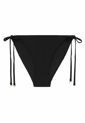 Mustad bikiinipüksid reguleeritavate küljetõmmetega, millel on väikesed kuldsed rõngad, valgel taustal.