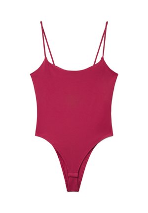 Body intero tinta unita rosa intenso con sottili doppie bretelle sulle spalle e design con scollatura alta sulle gambe.
