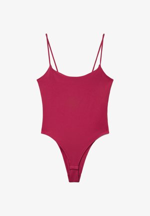 Body intero tinta unita rosa intenso con sottili doppie bretelle sulle spalle e design con scollatura alta sulle gambe.