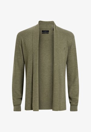 Oliwkowy kardigan o prążkowanej fakturze, z otwartym przodem, długimi rękawami i subtelnym detalem z logo. Miękki, lekki materiał.
