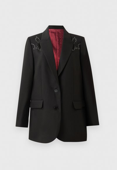 Must mustrik blazer sügava punase voodriga, lillelise tikandiga õlgadel ja kahe esipoolse klapikottiga. Kahe nööbiga sulgemine.