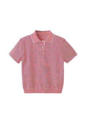 Polo manches courtes à rayures horizontales rouges et blanches avec col, trois boutons et une ceinture élastique côtelée.