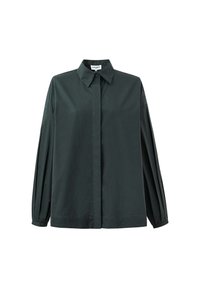 Blusa a maniche lunghe verde scuro con colletto classico, pattina con bottoni e pieghe strutturate lungo le maniche; realizzata in un tessuto morbido.
