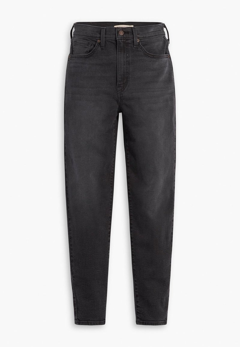 Schwarze Jeans aus Denim mit einem hoch geschnittenen Design, fünf Taschen und einer schmalen Passform. Der Stoff zeigt eine leichte Struktur und minimale Abnutzung.