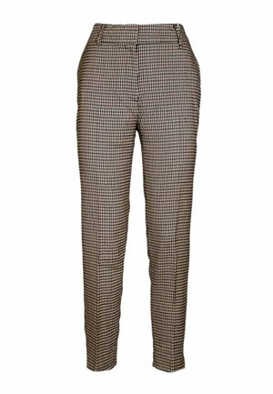 Pantaloni a quadri marroni e bianchi, slim fit, con fronte piatto e tasche laterali. Realizzati in tessuto intrecciato, dotati di zip e chiusura a gancetto.
