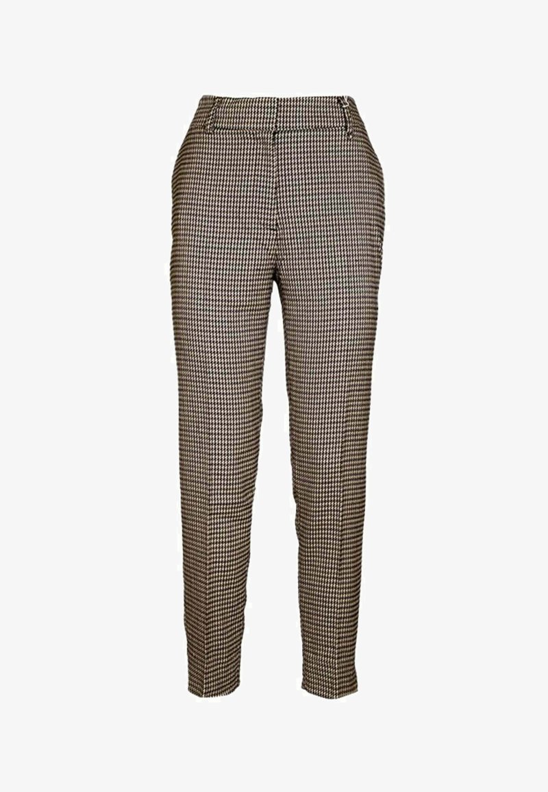 Pantaloni a quadri marroni e bianchi, slim fit, con fronte piatto e tasche laterali. Realizzati in tessuto intrecciato, dotati di zip e chiusura a gancetto.