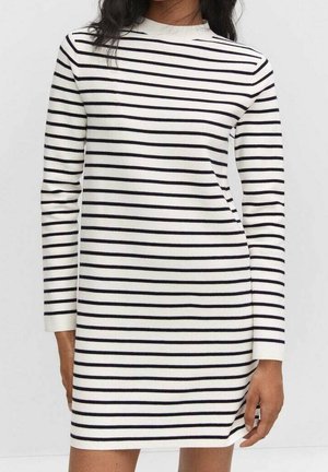 Langärmliges Kleid aus weißer Baumwolle mit navyblauen horizontalen Streifen, featuring einem Rundhalsausschnitt und slim fit Design. Schlicht und strukturiert in der Strickqualität.