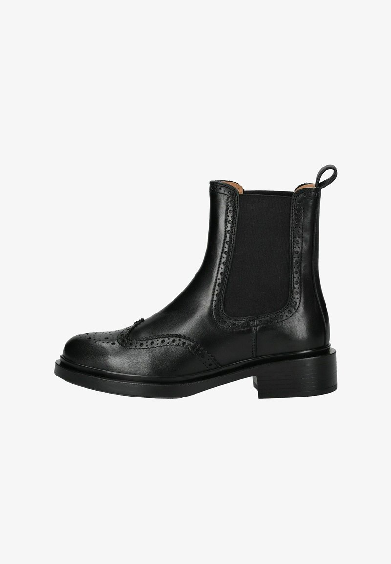 Bottines Chelsea en cuir noir avec des détails perforés et des panneaux élastiques sur les côtés. Bout arrondi, languette de tirage et petit talon rectangulaire. Texture lisse.