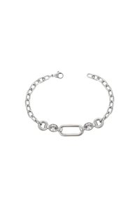 Bracciale con catena in argento caratterizzato da anelli ovali, un link centrale rettangolare e due scintillanti pietre preziose trasparenti. Chiusura a moschettone.