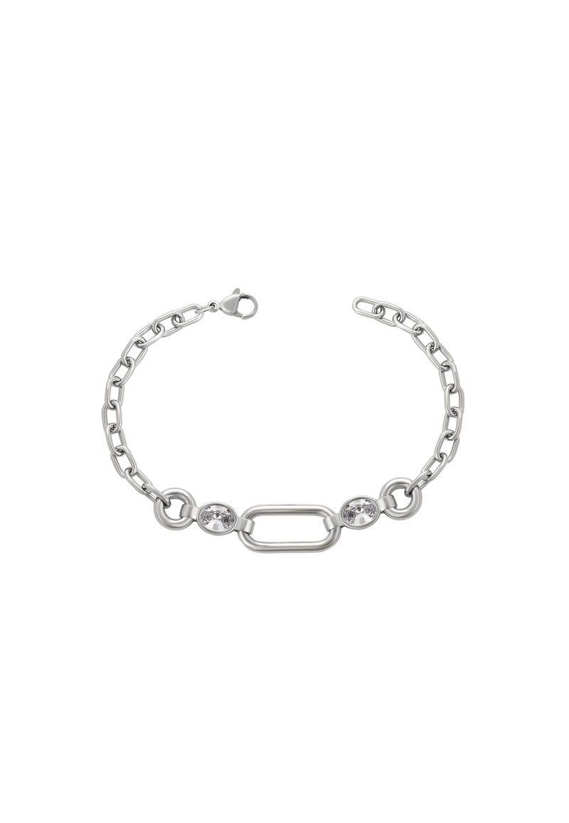 Bracciale con catena in argento caratterizzato da anelli ovali, un link centrale rettangolare e due scintillanti pietre preziose trasparenti. Chiusura a moschettone.