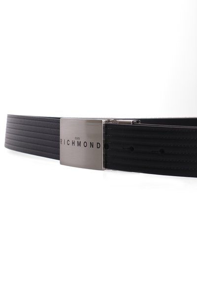 Black leather belt with horizontal stitching and a rectangular silver buckle engraved with "John Richmond" brand name.