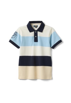 Polo a maniche corte con colletto e polsini navy, caratterizzata da righe orizzontali beige, navy, bianche e azzurro chiaro, e un emblema da tennis sulla manica.