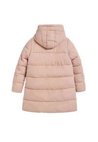 Piumino imbottito in rosa tenue, con cappuccio, maniche lunghe e motivi trapuntati orizzontali per l'isolamento. Tessuto liscio e design di lunghezza intermedia.