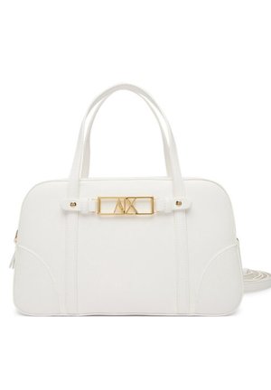 Borsa rettangolare bianca con doppio manico e fibbia con logo dorato "A|X" sul davanti, texture liscia e dettagli di cuciture sottili.