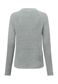 Helles graues Strickpullover mit langen Ärmeln, geripptem Ausschnitt und strukturiertem Stoff. Verfügt über eine lockere Passform und Raglanärmel.