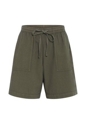 Lässige Shorts in Olivgrün mit elastischem Bund, Zugkordel und großen vorderen aufgesetzten Taschen, mittellang bis zur Mitte des Oberschenkels.
