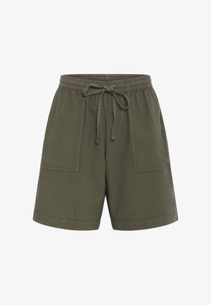 Lässige Shorts in Olivgrün mit elastischem Bund, Zugkordel und großen vorderen aufgesetzten Taschen, mittellang bis zur Mitte des Oberschenkels.