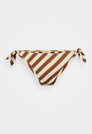 Gestreifte Bikinihose in Braun, Gelb und Blau. Sie verfügt über verstellbare Bindebänder an den Seiten und einen glatten, dehnbaren Stoff.