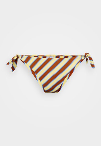 Stribet bikini-bund i brun, gul og blå. Har justerbare snore i siderne og et glat, strækbart stof.
