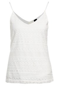 Top blanco sin mangas con escote en V, con textura de encaje y patrones intrincados a lo largo de la tela. Tirantes finos y ajustables.