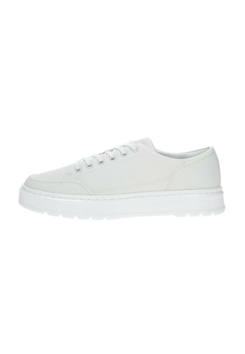 Sneaker bianche in tela con suola in gomma piatta, dotate di sei asole, dettagli di cucitura sottili e una texture liscia.