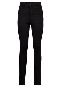 Jeans negros ajustados de denim elástico, con una cintura alta, bolsillos frontales, cierre de botón y detalles de costura mínimos.