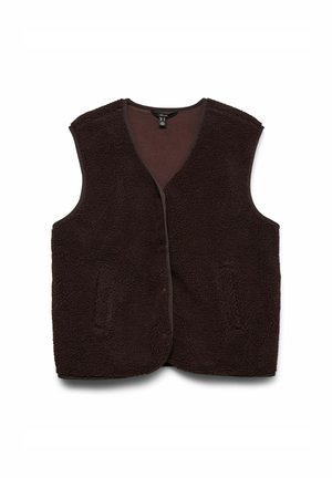 Bruine fleece vest met mouwloos ontwerp, knopen aan de voorkant en twee zijzakken. De randen zijn afgewerkt met een contrasterende donkere stof.