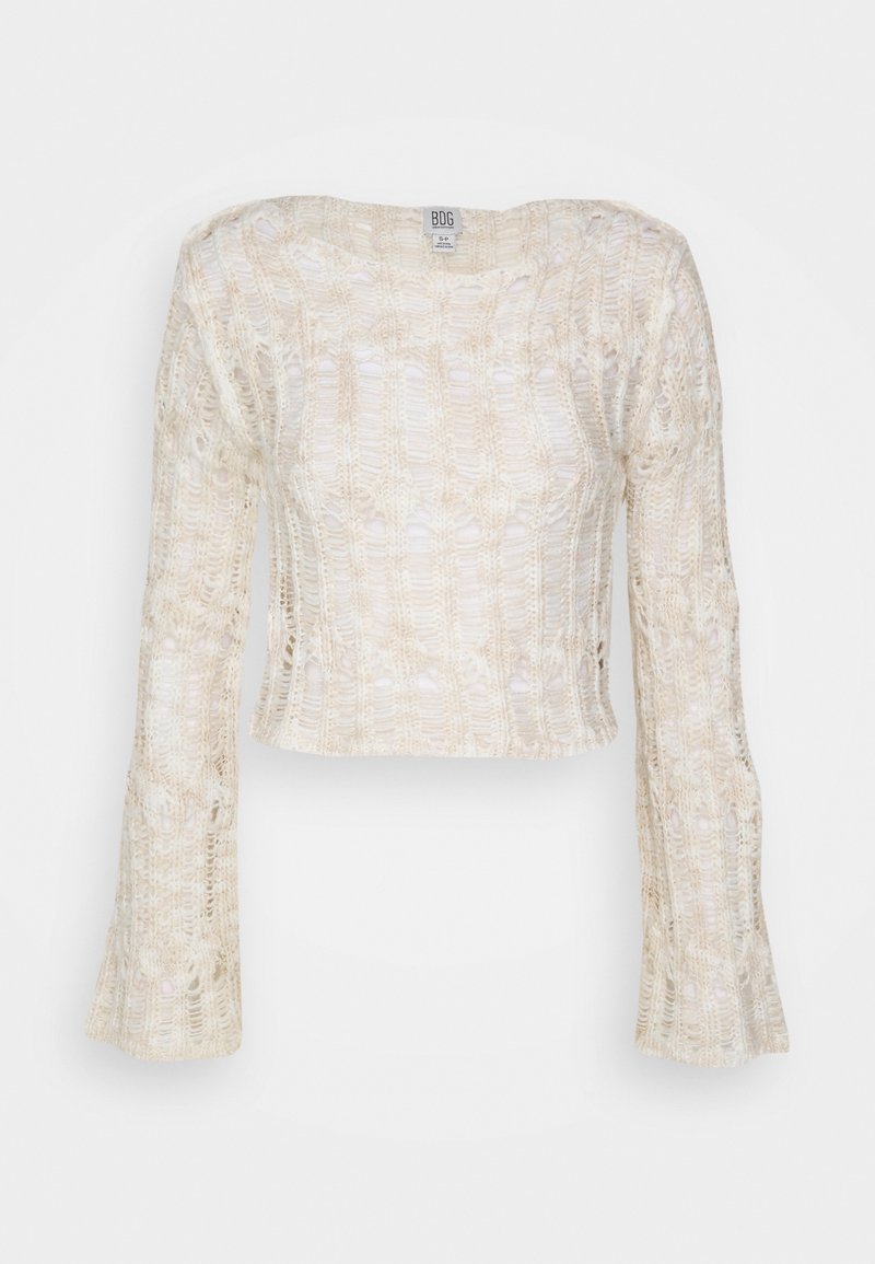 Haut court beige en maille crochet à manches longues avec encolure bateau et manches légèrement évasées, taille S.