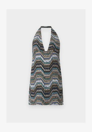 Abito senza maniche con collo alla halter e scollatura a V profonda, con motivo a zigzag multicolore in tonalità di blu, nero, beige e verde.